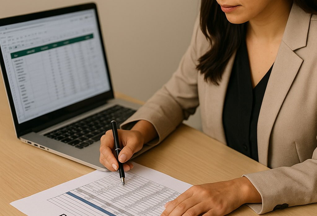 Woman reconciling bank and credit card statements