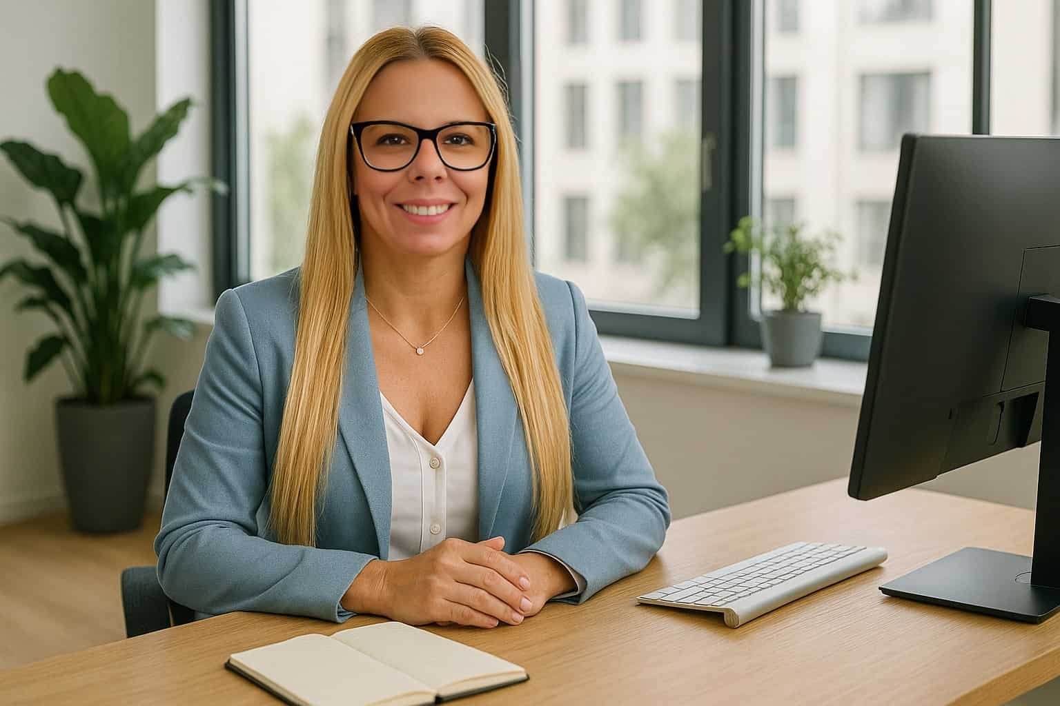 Christina, professional bookkeeper at her office desk