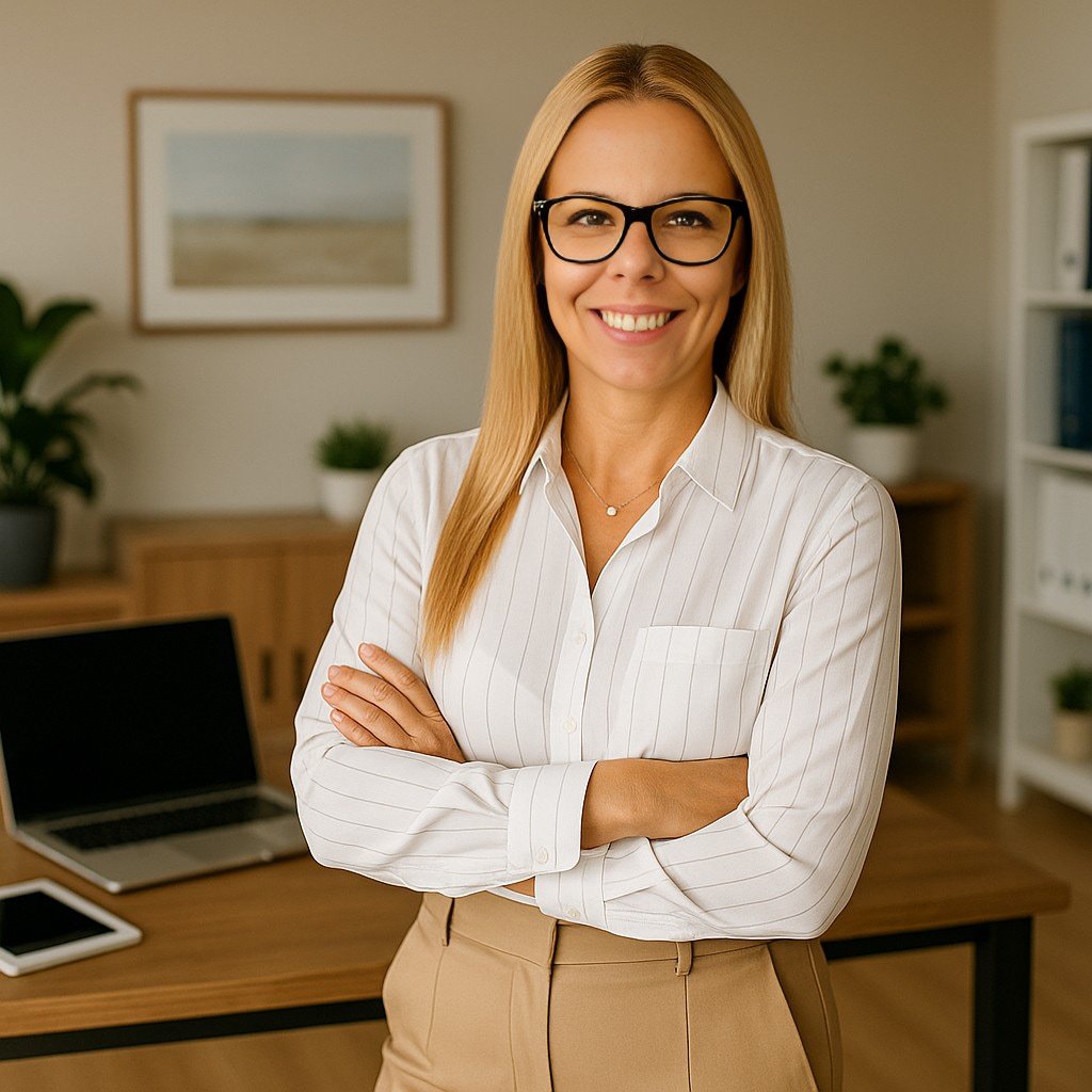 Christina, professional bookkeeper in a warm and organized office environment, smiling 